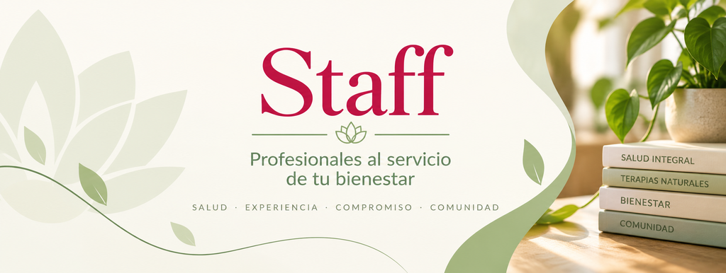 Encabezado de Staff de Proyecto Iluminar, con elementos naturales y figuras de madera que representan al equipo, la experiencia y el compromiso con el bienestar.